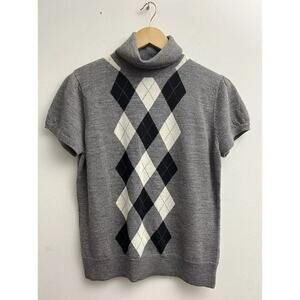 Tweeds Women’s Sz L Gray Blk Argyle 100% Merino Wool Turtleneck Sweater Academia